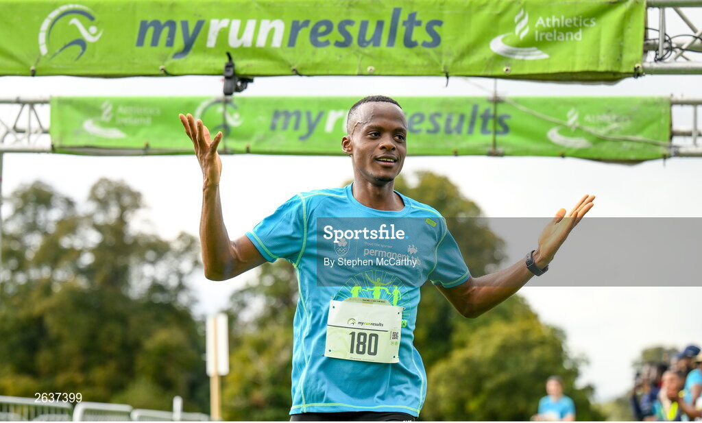 1 October 2023; Kahumburuka Ivan Tuahuku, originally from Botswana, celebrates winning the Permanent TSB Sanctuary Run 2023 at the Cross Country track of the Sport Ireland Campus in Dublin. The Permanent TSB Sanctuary Run on the Sport Ireland campus attracted nearly 1,000 participants including refugees from Direct Provision centres across Ireland, Ukrainian people in Dublin, locals and Irish Olympians. The event, to celebrate diversity and interculturalism in Ireland today, was run by the Sanctuary Runners’ organisation and supported by the Olympic Federation of Ireland and Athletics Ireland. Photo by Stephen McCarthy/Sportsfile
