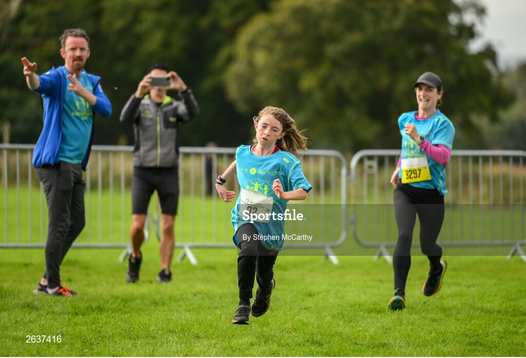 1 October 2023; Sé Kelly followed by Sorcha Loughnane approach the finish line during the Permanent TSB Sanctuary Run 2023 at the Cross Country track of the Sport Ireland Campus in Dublin. The Permanent TSB Sanctuary Run on the Sport Ireland campus attracted nearly 1,000 participants including refugees from Direct Provision centres across Ireland, Ukrainian people in Dublin, locals and Irish Olympians. The event, to celebrate diversity and interculturalism in Ireland today, was run by the Sanctuary Runners’ organisation and supported by the Olympic Federation of Ireland and Athletics Ireland. Photo by Stephen McCarthy/Sportsfile