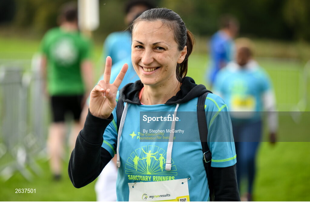 1 October 2023; Mariia Krivchenko, originally from Ukraine, during the Permanent TSB Sanctuary Run 2023 at the Cross Country track of the Sport Ireland Campus in Dublin. The Permanent TSB Sanctuary Run on the Sport Ireland campus attracted nearly 1,000 participants including refugees from Direct Provision centres across Ireland, Ukrainian people in Dublin, locals and Irish Olympians. The event, to celebrate diversity and interculturalism in Ireland today, was run by the Sanctuary Runners’ organisation and supported by the Olympic Federation of Ireland and Athletics Ireland. Photo by Stephen McCarthy/Sportsfile