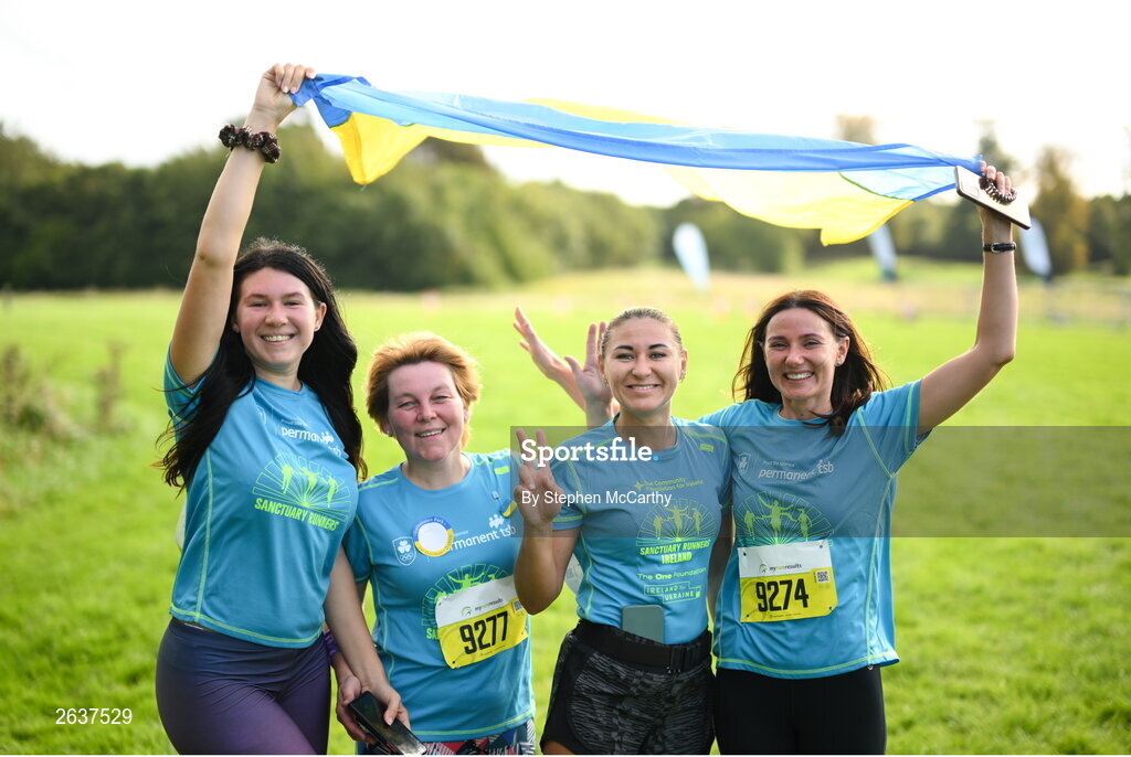 1 October 2023; Participants originally from Ukraine, from left, Nataliia Yevdokymenko, Ludmila Korukina, Iryna Vdovenko and Natalia Kochkova during the Permanent TSB Sanctuary Run 2023 at the Cross Country track of the Sport Ireland Campus in Dublin. The Permanent TSB Sanctuary Run on the Sport Ireland campus attracted nearly 1,000 participants including refugees from Direct Provision centres across Ireland, Ukrainian people in Dublin, locals and Irish Olympians. The event, to celebrate diversity and interculturalism in Ireland today, was run by the Sanctuary Runners’ organisation and supported by the Olympic Federation of Ireland and Athletics Ireland. Photo by Stephen McCarthy/Sportsfile