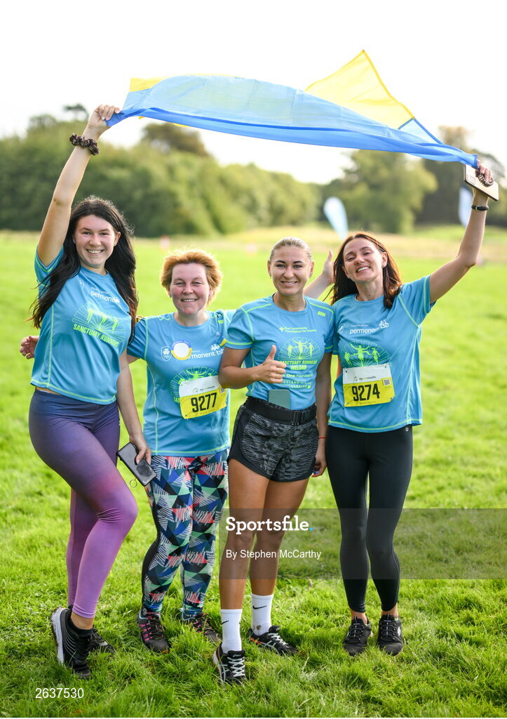 1 October 2023; Participants originally from Ukraine, from left, Nataliia Yevdokymenko, Ludmila Korukina, Iryna Vdovenko and Natalia Kochkova during the Permanent TSB Sanctuary Run 2023 at the Cross Country track of the Sport Ireland Campus in Dublin. The Permanent TSB Sanctuary Run on the Sport Ireland campus attracted nearly 1,000 participants including refugees from Direct Provision centres across Ireland, Ukrainian people in Dublin, locals and Irish Olympians. The event, to celebrate diversity and interculturalism in Ireland today, was run by the Sanctuary Runners’ organisation and supported by the Olympic Federation of Ireland and Athletics Ireland. Photo by Stephen McCarthy/Sportsfile