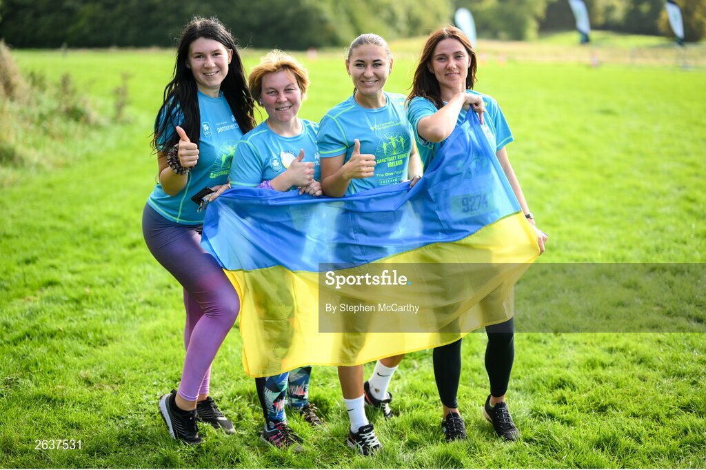 1 October 2023; Participants originally from Ukraine, from left, Nataliia Yevdokymenko, Ludmila Korukina, Iryna Vdovenko and Natalia Kochkova during the Permanent TSB Sanctuary Run 2023 at the Cross Country track of the Sport Ireland Campus in Dublin. The Permanent TSB Sanctuary Run on the Sport Ireland campus attracted nearly 1,000 participants including refugees from Direct Provision centres across Ireland, Ukrainian people in Dublin, locals and Irish Olympians. The event, to celebrate diversity and interculturalism in Ireland today, was run by the Sanctuary Runners’ organisation and supported by the Olympic Federation of Ireland and Athletics Ireland. Photo by Stephen McCarthy/Sportsfile