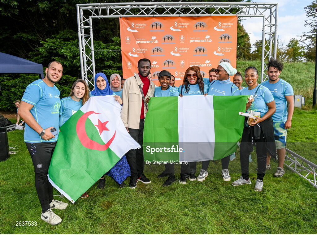 1 October 2023; Participants after the Permanent TSB Sanctuary Run 2023 at the Cross Country track of the Sport Ireland Campus in Dublin. The Permanent TSB Sanctuary Run on the Sport Ireland campus attracted nearly 1,000 participants including refugees from Direct Provision centres across Ireland, Ukrainian people in Dublin, locals and Irish Olympians. The event, to celebrate diversity and interculturalism in Ireland today, was run by the Sanctuary Runners’ organisation and supported by the Olympic Federation of Ireland and Athletics Ireland. Photo by Stephen McCarthy/Sportsfile