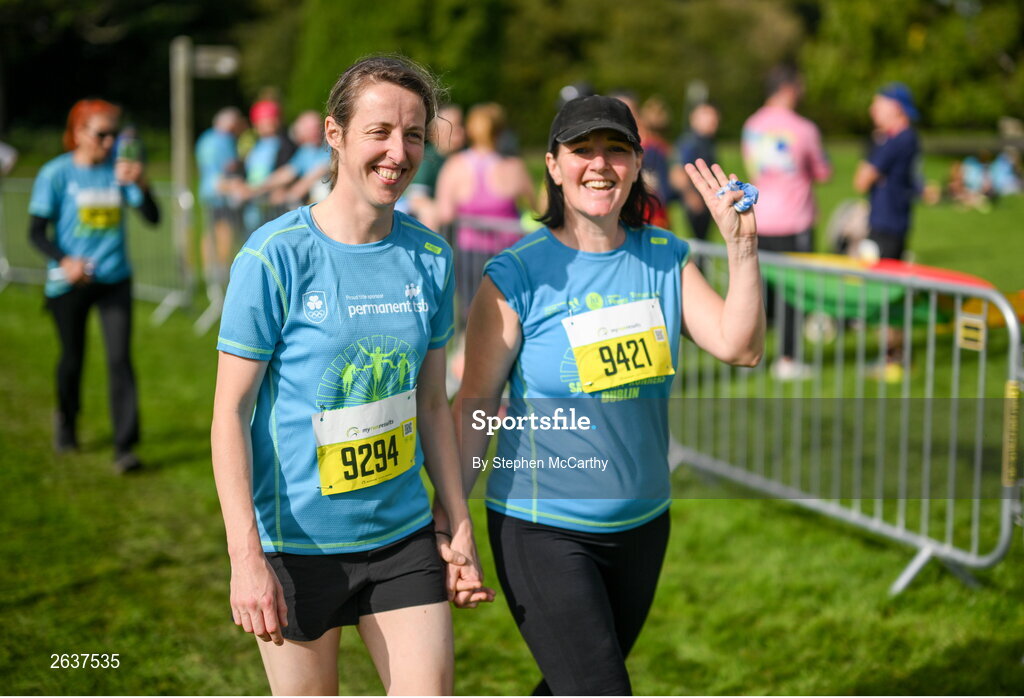 1 October 2023; Ellen Phelan, left, and Niamh O'Connor during the Permanent TSB Sanctuary Run 2023 at the Cross Country track of the Sport Ireland Campus in Dublin. The Permanent TSB Sanctuary Run on the Sport Ireland campus attracted nearly 1,000 participants including refugees from Direct Provision centres across Ireland, Ukrainian people in Dublin, locals and Irish Olympians. The event, to celebrate diversity and interculturalism in Ireland today, was run by the Sanctuary Runners’ organisation and supported by the Olympic Federation of Ireland and Athletics Ireland. Photo by Stephen McCarthy/Sportsfile