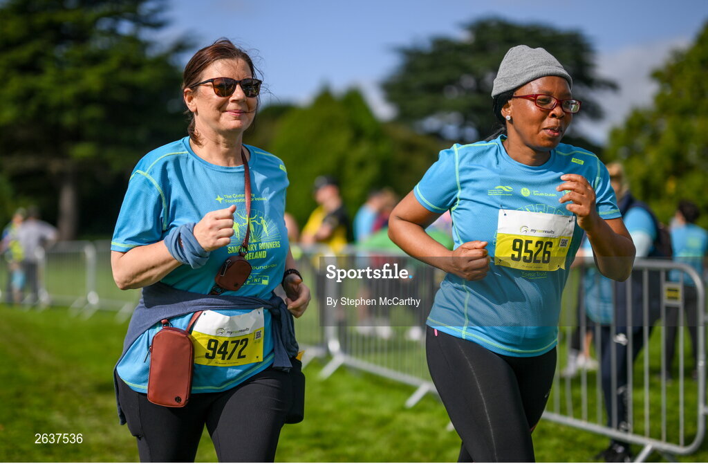 1 October 2023; Shirley Ross, left, and Bolelang Tlhankane during the Permanent TSB Sanctuary Run 2023 at the Cross Country track of the Sport Ireland Campus in Dublin. The Permanent TSB Sanctuary Run on the Sport Ireland campus attracted nearly 1,000 participants including refugees from Direct Provision centres across Ireland, Ukrainian people in Dublin, locals and Irish Olympians. The event, to celebrate diversity and interculturalism in Ireland today, was run by the Sanctuary Runners’ organisation and supported by the Olympic Federation of Ireland and Athletics Ireland. Photo by Stephen McCarthy/Sportsfile