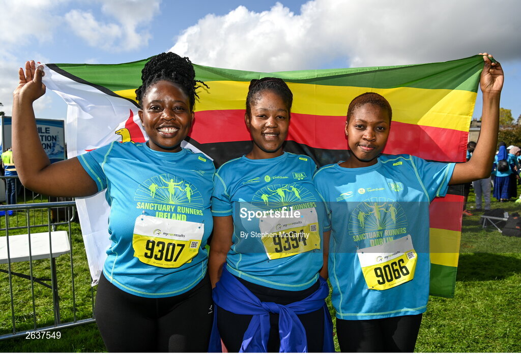 1 October 2023; Participants, from left, Gladmore Manzanga, Nontokozo Ncube and Thandiswa Bhebhe, originally from Zimbabwe, during the Permanent TSB Sanctuary Run 2023 at the Cross Country track of the Sport Ireland Campus in Dublin. The Permanent TSB Sanctuary Run on the Sport Ireland campus attracted nearly 1,000 participants including refugees from Direct Provision centres across Ireland, Ukrainian people in Dublin, locals and Irish Olympians. The event, to celebrate diversity and interculturalism in Ireland today, was run by the Sanctuary Runners’ organisation and supported by the Olympic Federation of Ireland and Athletics Ireland. Photo by Stephen McCarthy/Sportsfile