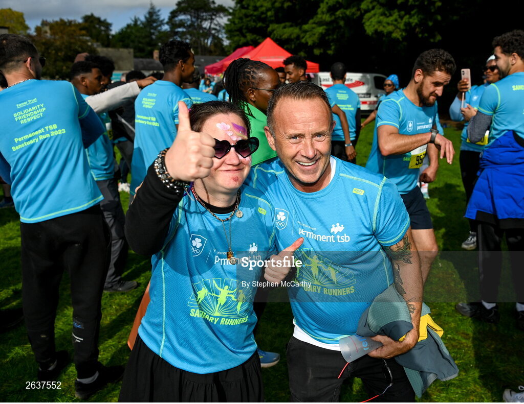 1 October 2023; Katie and Chris Rooney, from Cabra, during the Permanent TSB Sanctuary Run 2023 at the Cross Country track of the Sport Ireland Campus in Dublin. The Permanent TSB Sanctuary Run on the Sport Ireland campus attracted nearly 1,000 participants including refugees from Direct Provision centres across Ireland, Ukrainian people in Dublin, locals and Irish Olympians. The event, to celebrate diversity and interculturalism in Ireland today, was run by the Sanctuary Runners’ organisation and supported by the Olympic Federation of Ireland and Athletics Ireland. Photo by Stephen McCarthy/Sportsfile