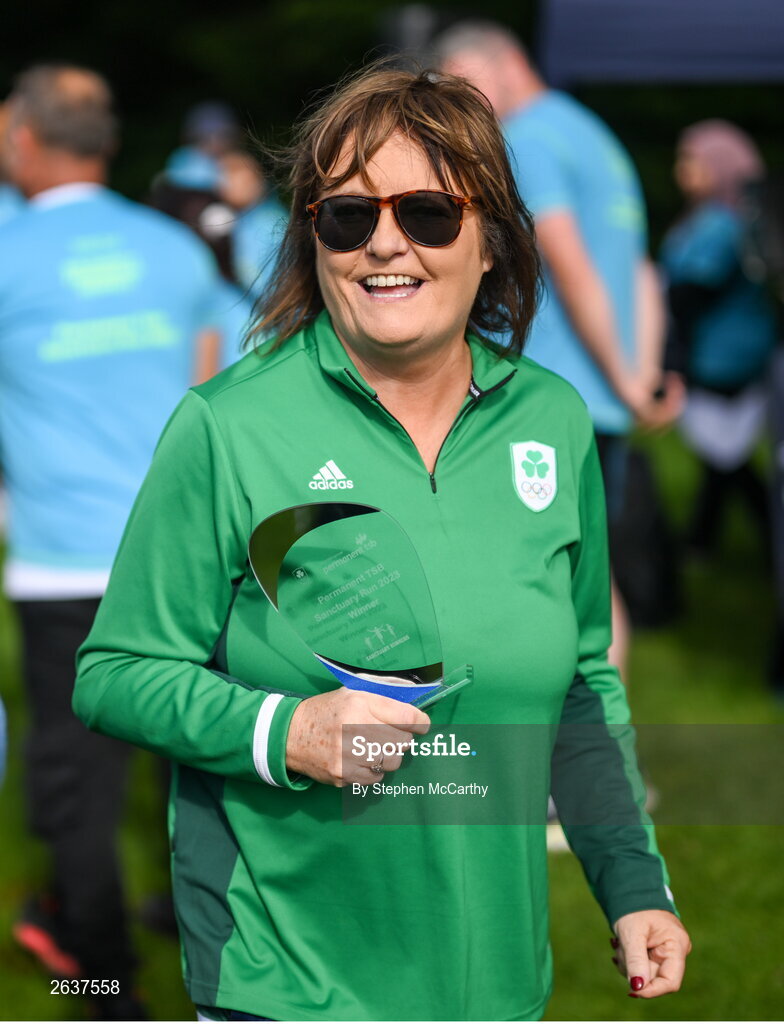 1 October 2023; Catherine Tiernan, Olympic Federation of Ireland commercial director, during the Permanent TSB Sanctuary Run 2023 at the Cross Country track of the Sport Ireland Campus in Dublin. The Permanent TSB Sanctuary Run on the Sport Ireland campus attracted nearly 1,000 participants including refugees from Direct Provision centres across Ireland, Ukrainian people in Dublin, locals and Irish Olympians. The event, to celebrate diversity and interculturalism in Ireland today, was run by the Sanctuary Runners’ organisation and supported by the Olympic Federation of Ireland and Athletics Ireland. Photo by Stephen McCarthy/Sportsfile