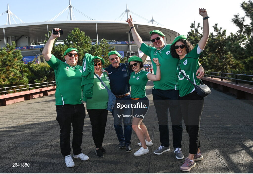 7 October 2023; Ireland supporters before the 2023 Rugby World Cup Pool B match between Ireland and Scotland at the Stade de France in Paris, France. Photo by Ramsey Cardy/Sportsfile