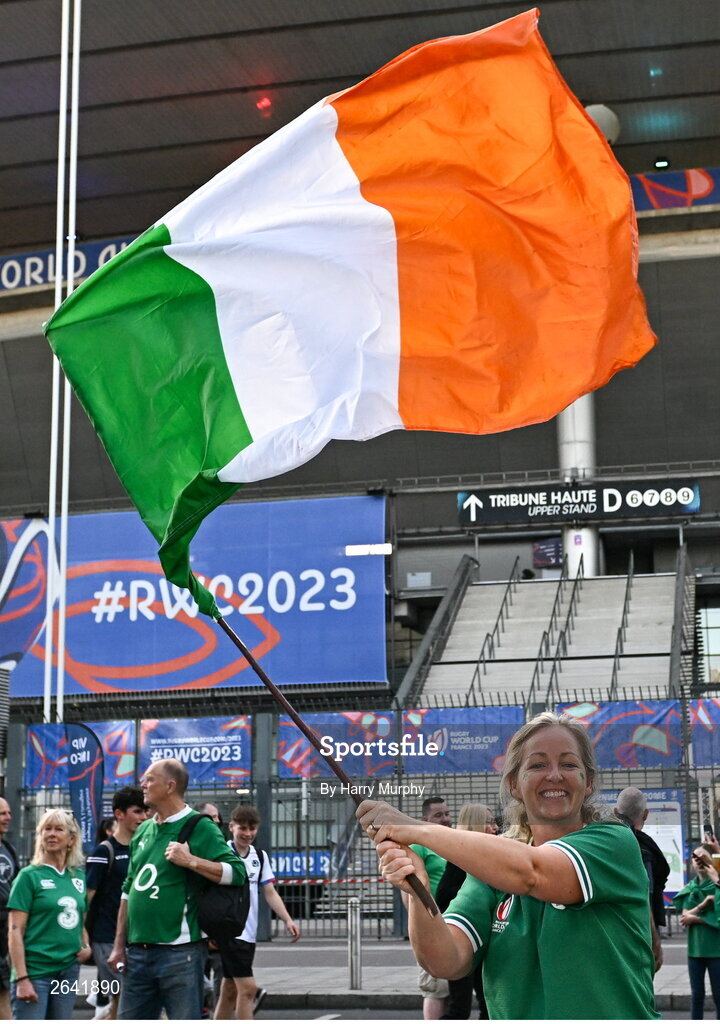 7 October 2023; Ireland supporter Kerry McLaverty, from Kilternan, Dublin, before the 2023 Rugby World Cup Pool B match between Ireland and Scotland at the Stade de France in Paris, France. Photo by Harry Murphy/Sportsfile