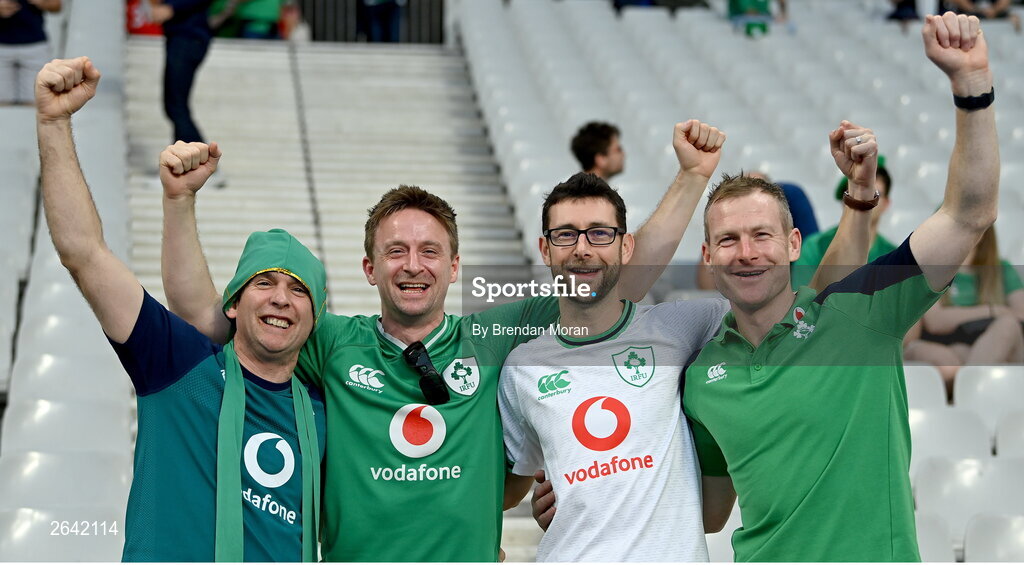 7 October 2023; Ireland supporters, from left, Kieran O'Shea, Sean Gleeson, Brendan Poff, and Liam Poff, from Tralee, Kerry, before the 2023 Rugby World Cup Pool B match between Ireland and Scotland at the Stade de France in Paris, France. Photo by Brendan Moran/Sportsfile