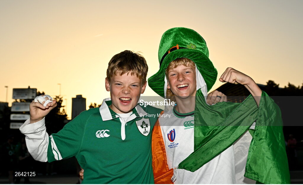 7 October 2023; Ireland supporters Ronan Belousek and Joseph O'Connell before the 2023 Rugby World Cup Pool B match between Ireland and Scotland at the Stade de France in Paris, France. Photo by Harry Murphy/Sportsfile