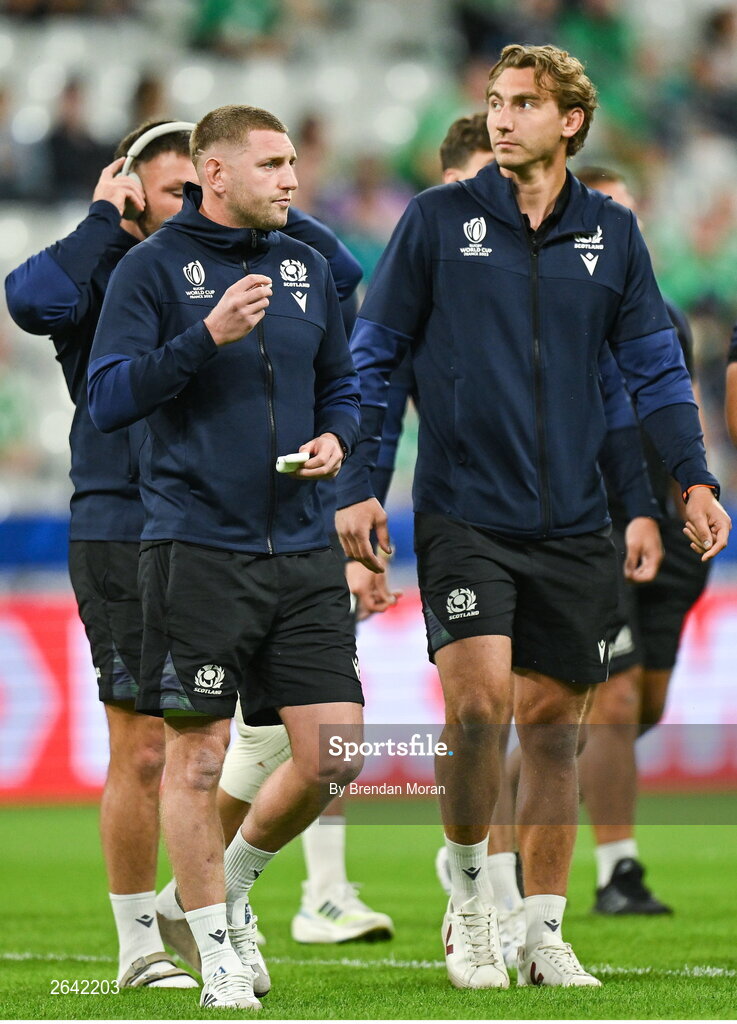 7 October 2023; Finn Russell, left, and Jamie Ritchie of Scotland walk the pitch before the 2023 Rugby World Cup Pool B match between Ireland and Scotland at the Stade de France in Paris, France. Photo by Brendan Moran/Sportsfile