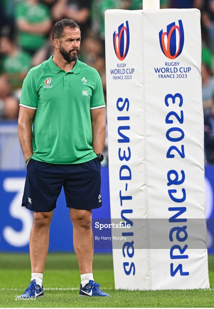 7 October 2023; Ireland head coach Andy Farrell before the 2023 Rugby World Cup Pool B match between Ireland and Scotland at the Stade de France in Paris, France. Photo by Harry Murphy/Sportsfile