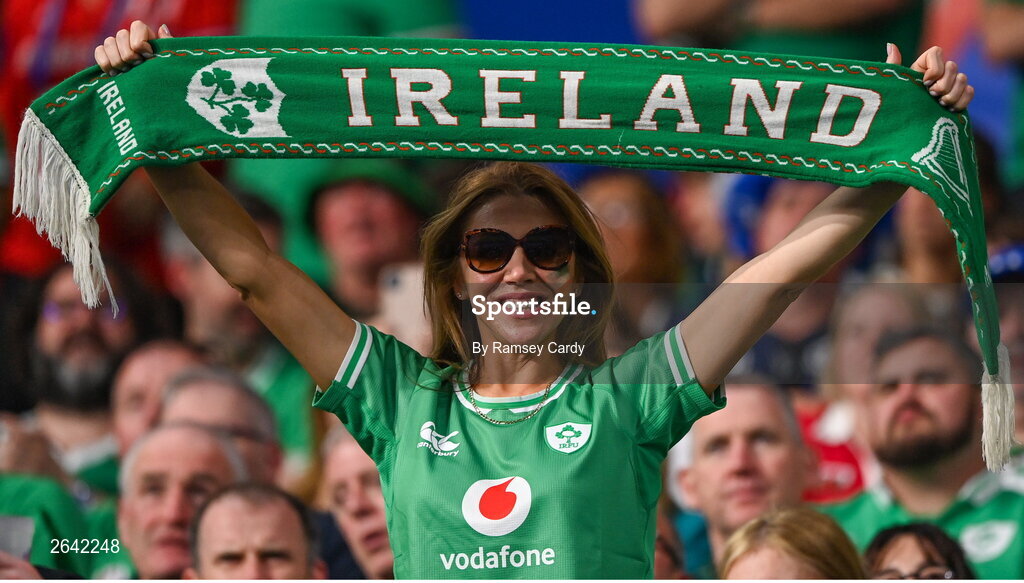 7 October 2023; An Ireland supporter before the 2023 Rugby World Cup Pool B match between Ireland and Scotland at the Stade de France in Paris, France. Photo by Ramsey Cardy/Sportsfile
