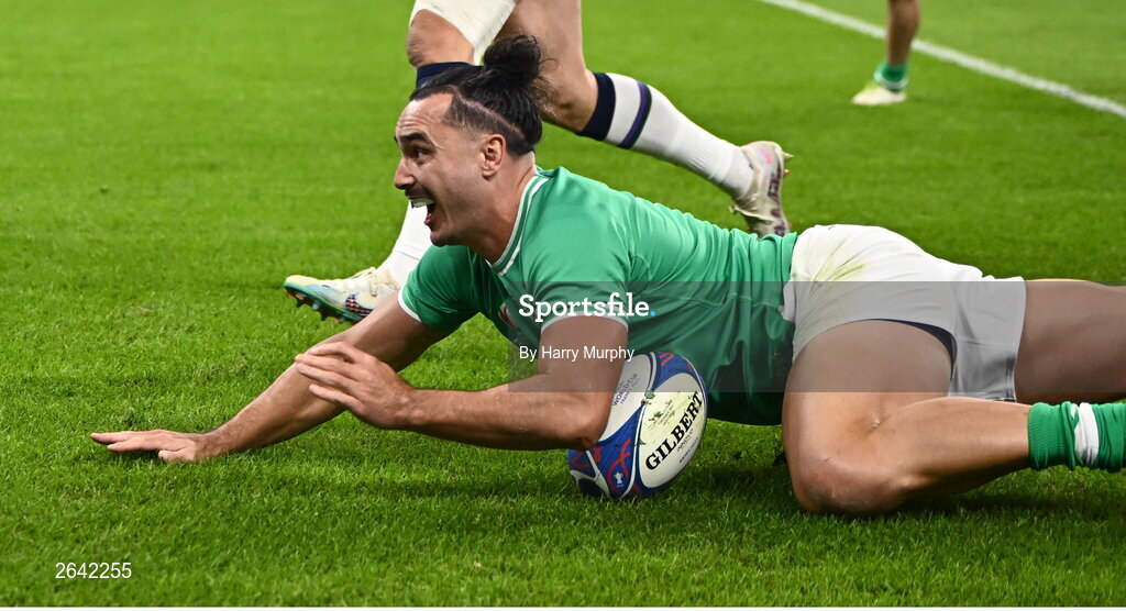 7 October 2023; James Lowe of Ireland celebrates after scoring his side's first try, in the second minute, during the 2023 Rugby World Cup Pool B match between Ireland and Scotland at the Stade de France in Paris, France. Photo by Harry Murphy/Sportsfile