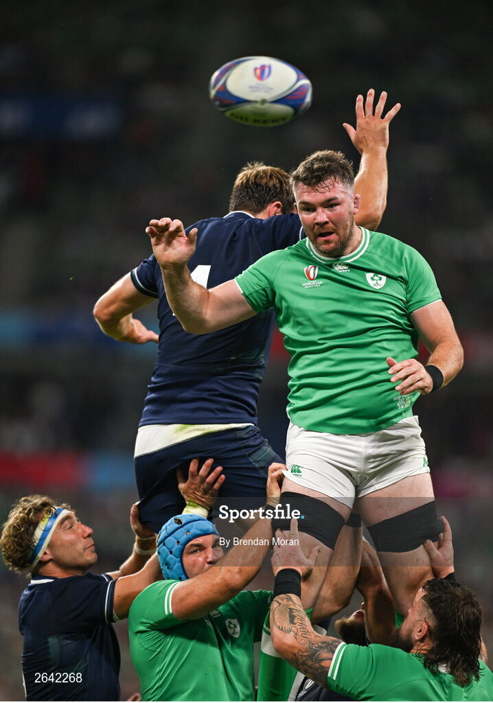 7 October 2023; Peter O’Mahony of Ireland wins a line-out ahead of Scotland's Richie Gray during the 2023 Rugby World Cup Pool B match between Ireland and Scotland at the Stade de France in Paris, France. Photo by Brendan Moran/Sportsfile