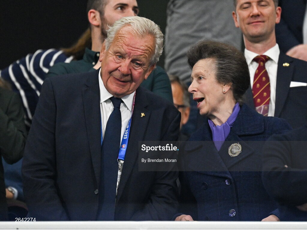 7 October 2023; Princess Anne, Princess Royal and World Rugby chairman Bill Beamount during the 2023 Rugby World Cup Pool B match between Ireland and Scotland at the Stade de France in Paris, France. Photo by Brendan Moran/Sportsfile