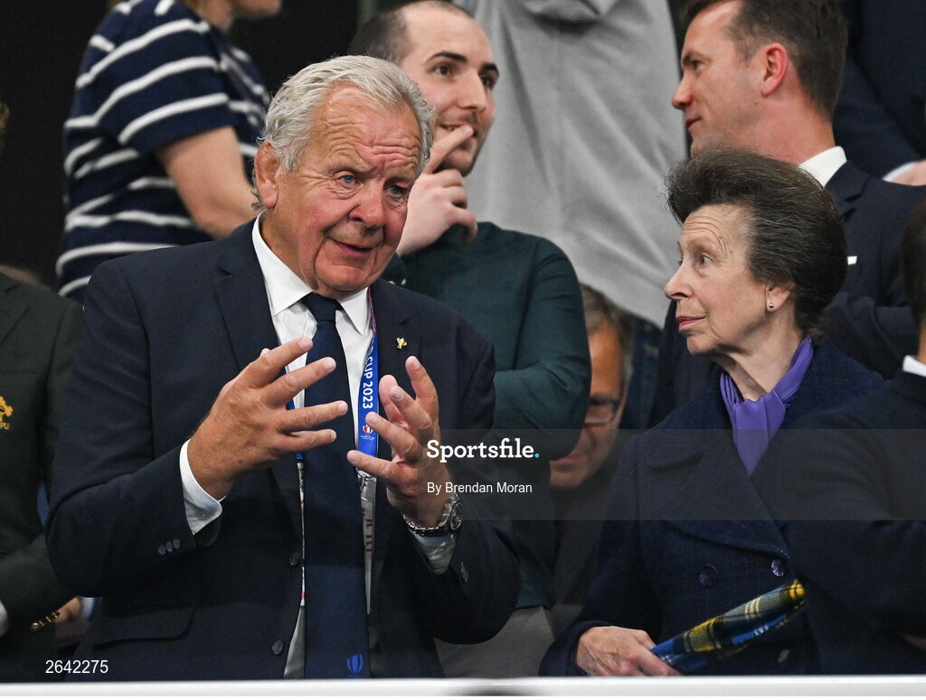 7 October 2023; Princess Anne, Princess Royal and World Rugby chairman Bill Beamount during the 2023 Rugby World Cup Pool B match between Ireland and Scotland at the Stade de France in Paris, France. Photo by Brendan Moran/Sportsfile