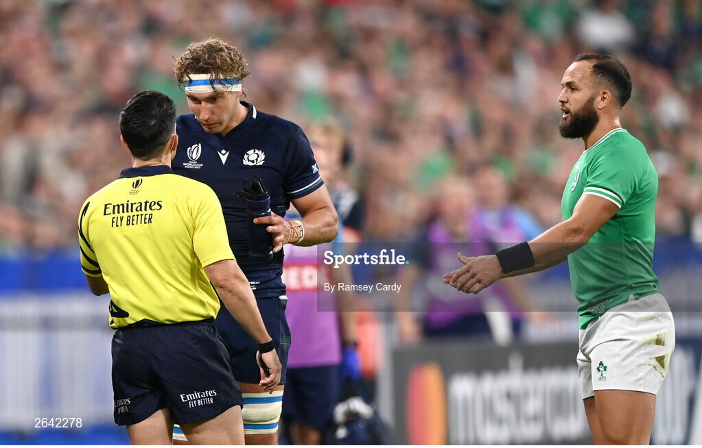 7 October 2023; Scotland captain Jamie Ritchie and Jamison Gibson-Park of Ireland speak with referee Nic Berry during the 2023 Rugby World Cup Pool B match between Ireland and Scotland at the Stade de France in Paris, France. Photo by Ramsey Cardy/Sportsfile