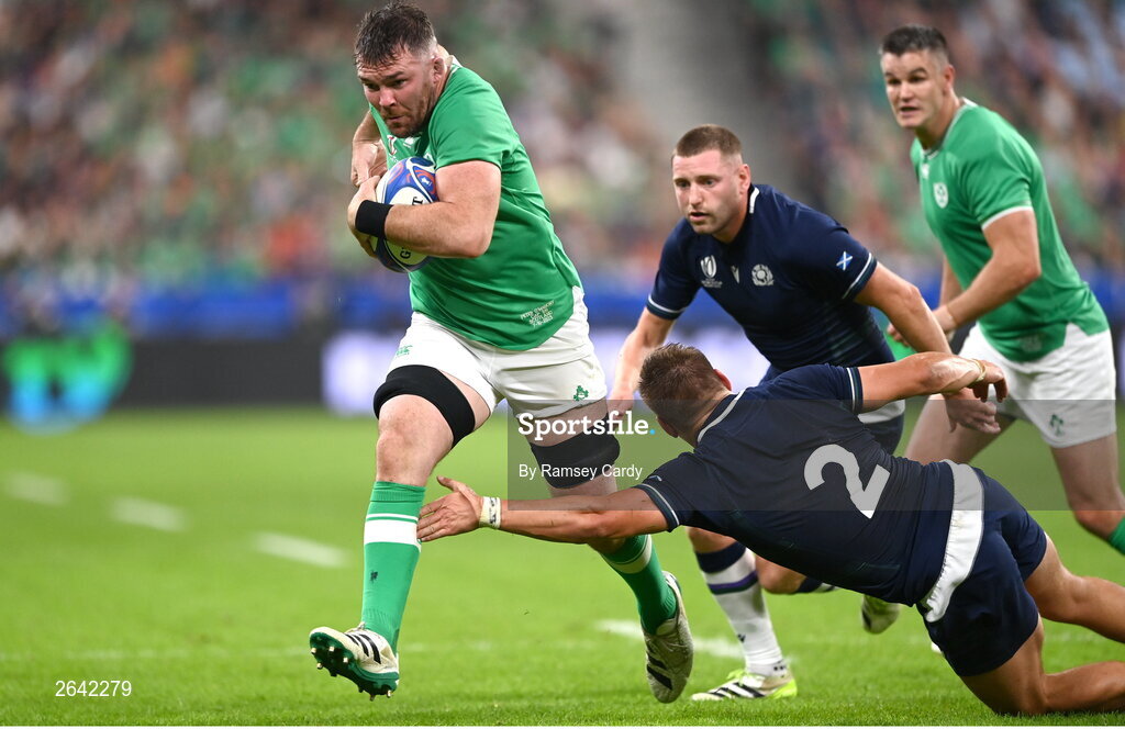 7 October 2023; Peter O’Mahony of Ireland is tackled by George Turner of Scotland during the 2023 Rugby World Cup Pool B match between Ireland and Scotland at the Stade de France in Paris, France. Photo by Ramsey Cardy/Sportsfile