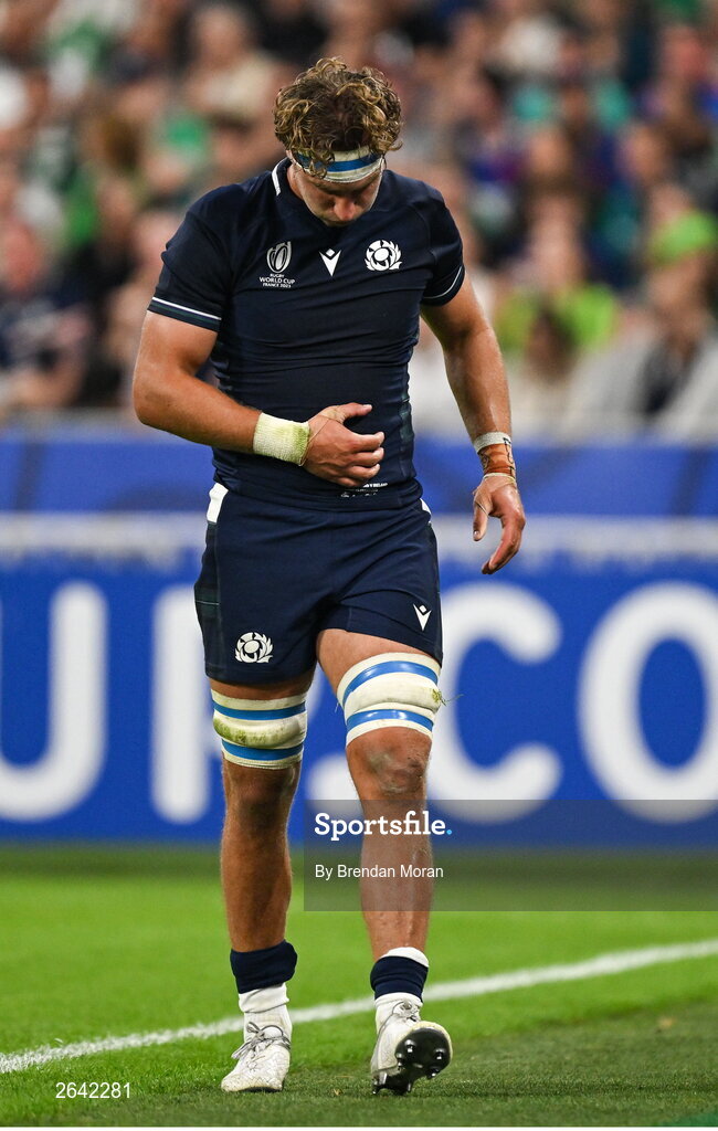 7 October 2023; Jamie Ritchie of Scotland leaves the pitch to receive medical attention during the 2023 Rugby World Cup Pool B match between Ireland and Scotland at the Stade de France in Paris, France. Photo by Brendan Moran/Sportsfile