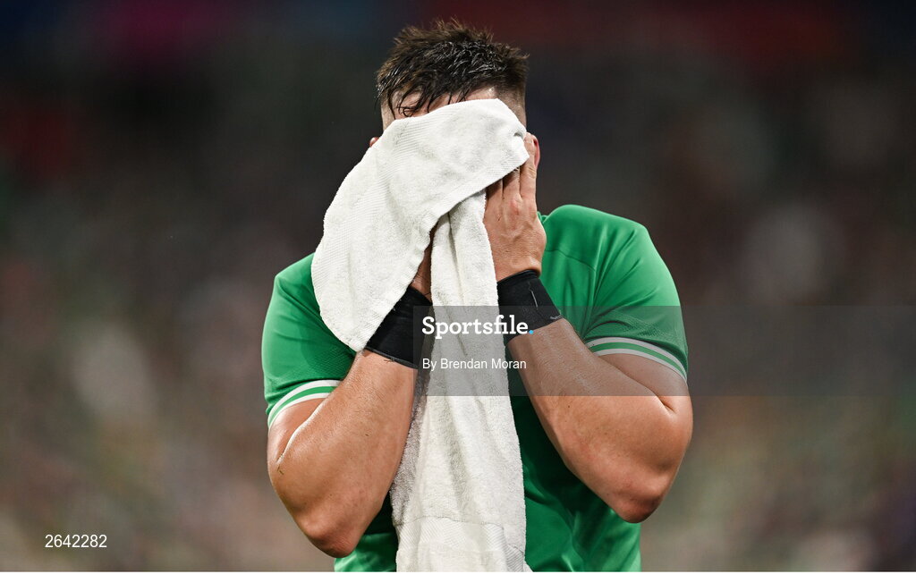 7 October 2023; Dan Sheehan of Ireland wipes his face with a towel before taking a line-out during the 2023 Rugby World Cup Pool B match between Ireland and Scotland at the Stade de France in Paris, France. Photo by Brendan Moran/Sportsfile