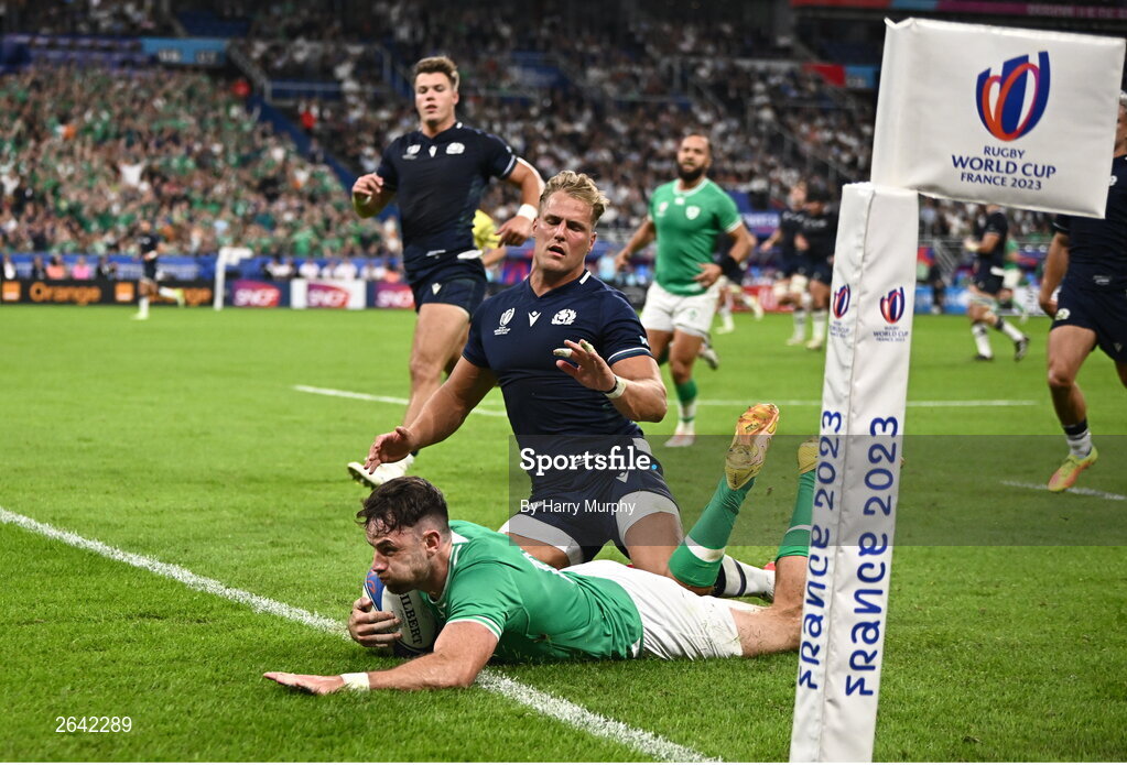 7 October 2023; Hugo Keenan of Ireland dives over to score his side's second try, in the 26th minute, during the 2023 Rugby World Cup Pool B match between Ireland and Scotland at the Stade de France in Paris, France. Photo by Harry Murphy/Sportsfile