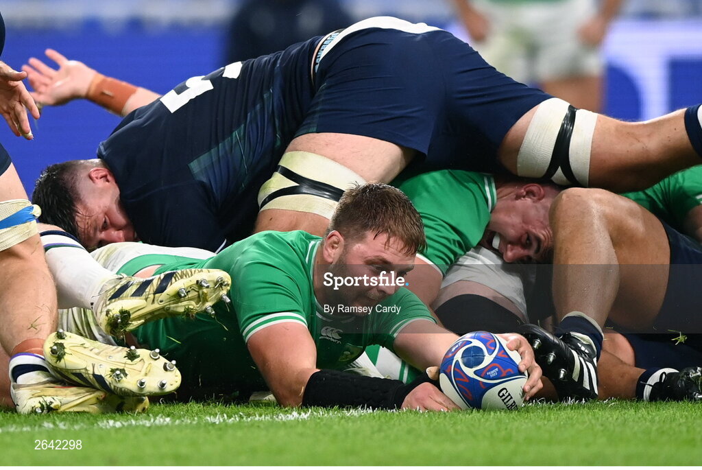 7 October 2023; Iain Henderson of Ireland scores his side's third try, in the 32nd minute, during the 2023 Rugby World Cup Pool B match between Ireland and Scotland at the Stade de France in Paris, France. Photo by Ramsey Cardy/Sportsfile