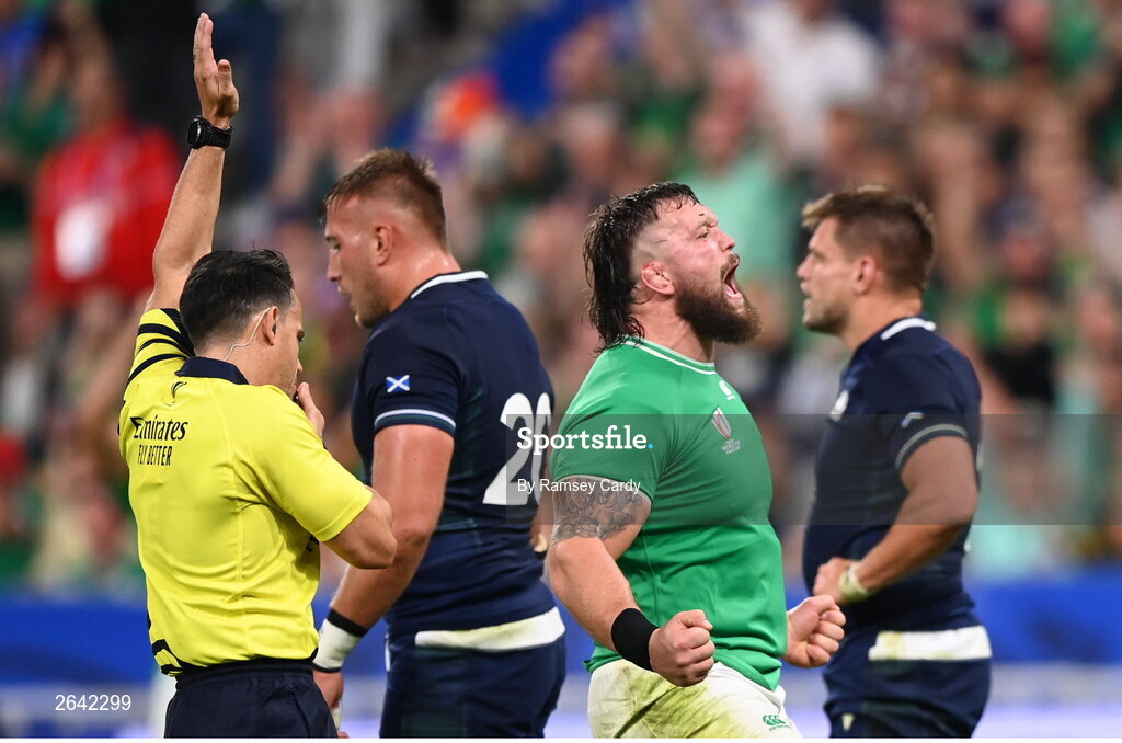 7 October 2023; Andrew Porter of Ireland celebrates his side's third try, scored by teammate Iain Henderson, not pictured, during the 2023 Rugby World Cup Pool B match between Ireland and Scotland at the Stade de France in Paris, France. Photo by Ramsey Cardy/Sportsfile