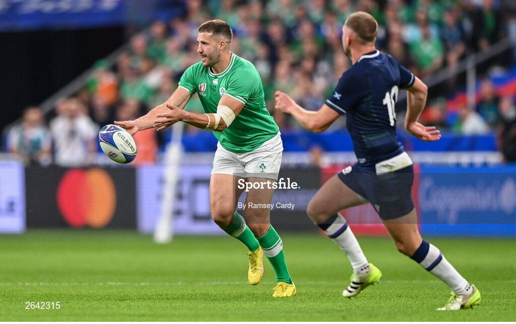 7 October 2023; Stuart McCloskey of Ireland during the 2023 Rugby World Cup Pool B match between Ireland and Scotland at the Stade de France in Paris, France. Photo by Ramsey Cardy/Sportsfile