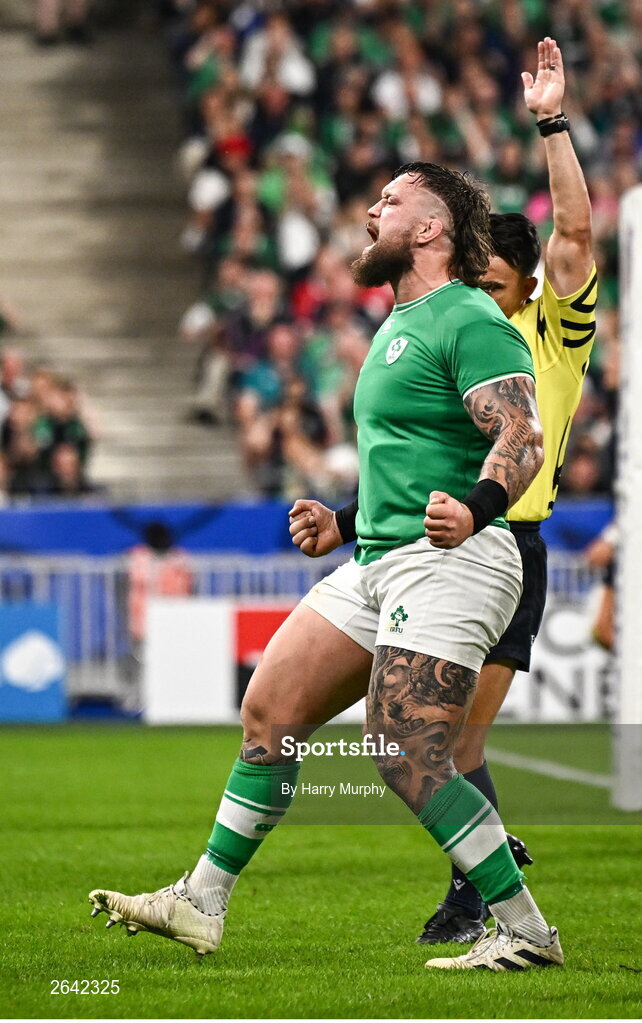 7 October 2023; Andrew Porter of Ireland celebrates his side's third try, scored by teammate Iain Henderson, not pictured, during the 2023 Rugby World Cup Pool B match between Ireland and Scotland at the Stade de France in Paris, France. Photo by Harry Murphy/Sportsfile