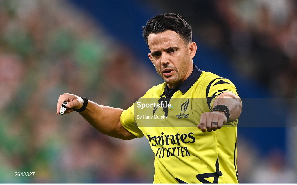 7 October 2023; Referee Nic Berry during the 2023 Rugby World Cup Pool B match between Ireland and Scotland at the Stade de France in Paris, France. Photo by Harry Murphy/Sportsfile