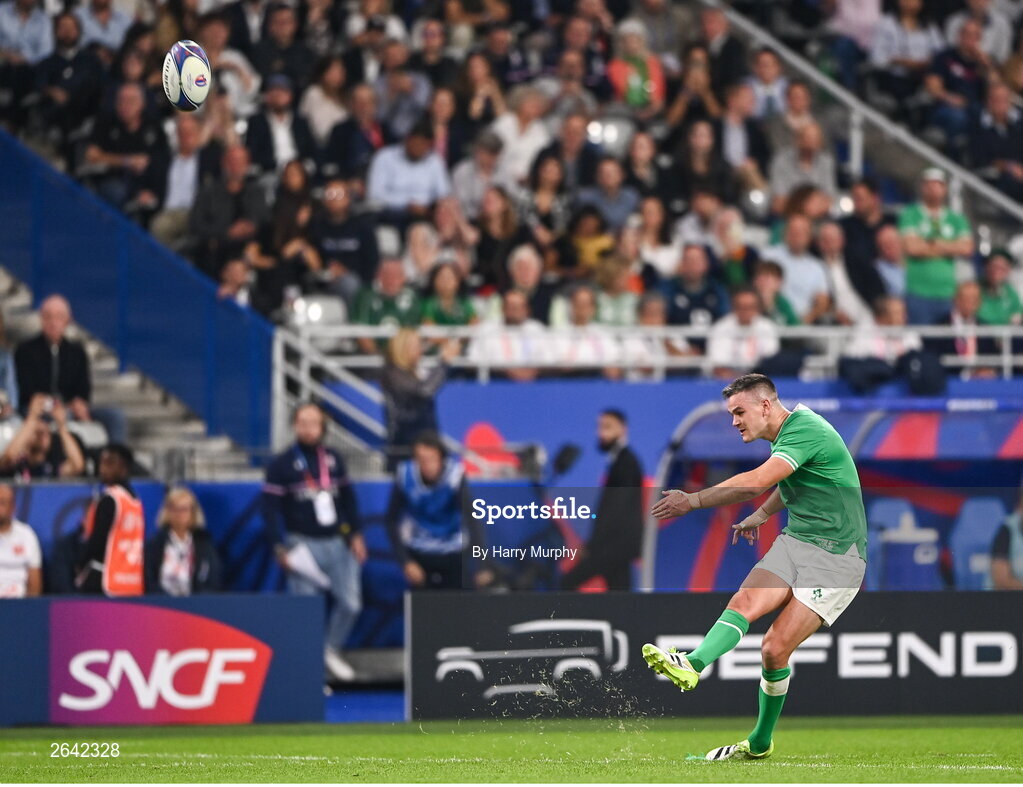 7 October 2023; Jonathan Sexton of Ireland kicks a conversion during the 2023 Rugby World Cup Pool B match between Ireland and Scotland at the Stade de France in Paris, France. Photo by Harry Murphy/Sportsfile