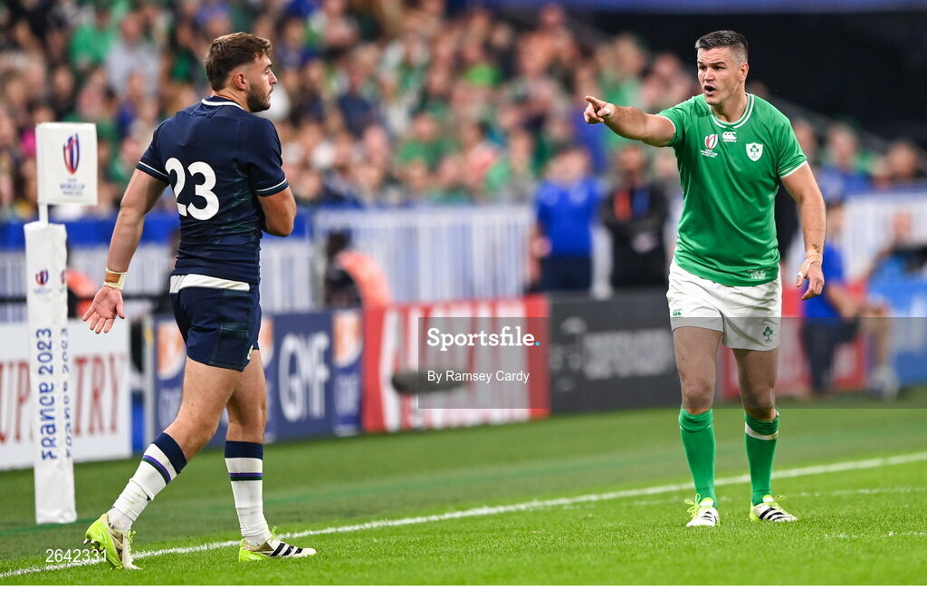 7 October 2023; Jonathan Sexton of Ireland and Ollie Smith of Scotland during the 2023 Rugby World Cup Pool B match between Ireland and Scotland at the Stade de France in Paris, France. Photo by Ramsey Cardy/Sportsfile
