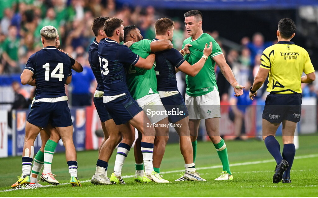 7 October 2023; Jonathan Sexton of Ireland, right, and George Turner of Scotland tussle during the 2023 Rugby World Cup Pool B match between Ireland and Scotland at the Stade de France in Paris, France. Photo by Ramsey Cardy/Sportsfile
