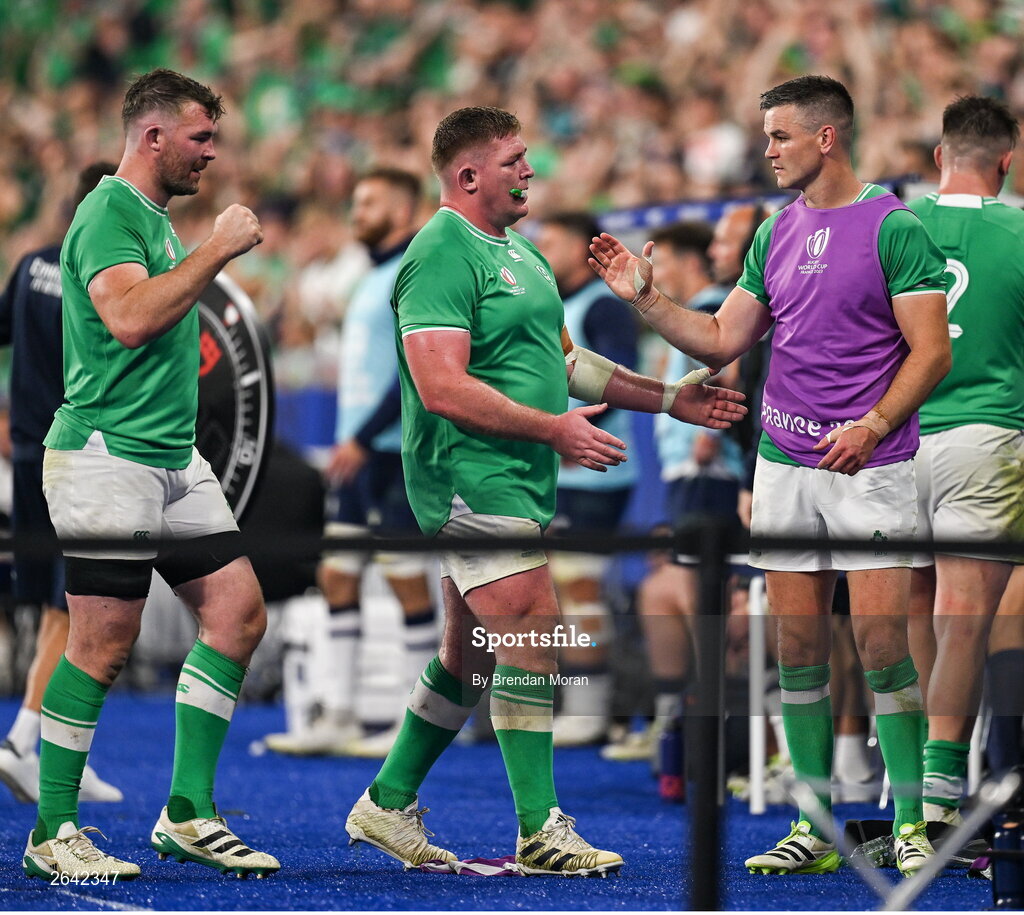 7 October 2023; Ireland players, from left, Peter O’Mahony, Tadhg Furlong and Jonathan Sexton during the 2023 Rugby World Cup Pool B match between Ireland and Scotland at the Stade de France in Paris, France. Photo by Brendan Moran/Sportsfile