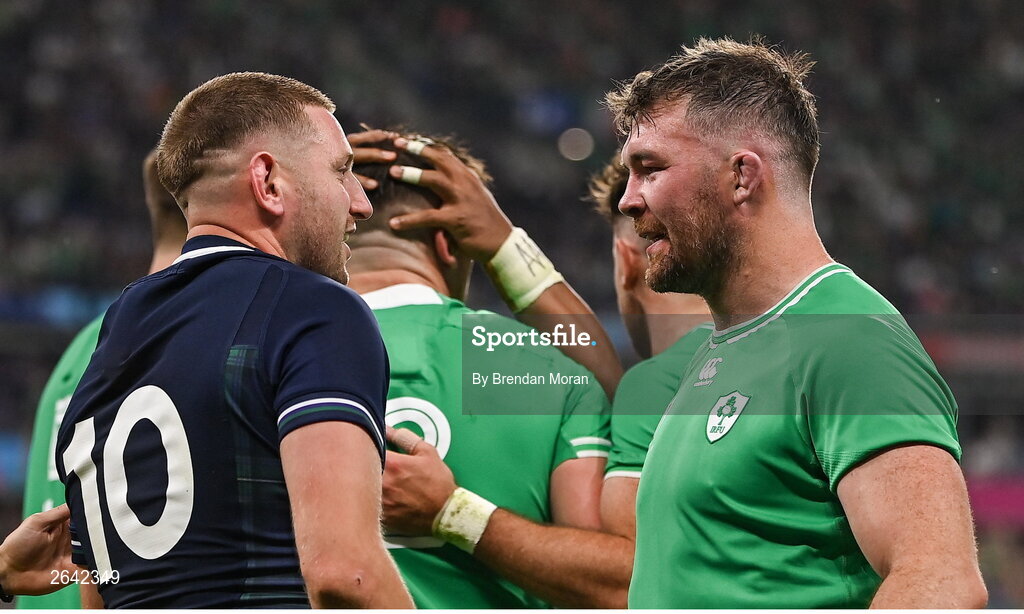 7 October 2023; Peter O’Mahony of Ireland and Finn Russell of Scotland during the 2023 Rugby World Cup Pool B match between Ireland and Scotland at the Stade de France in Paris, France. Photo by Brendan Moran/Sportsfile