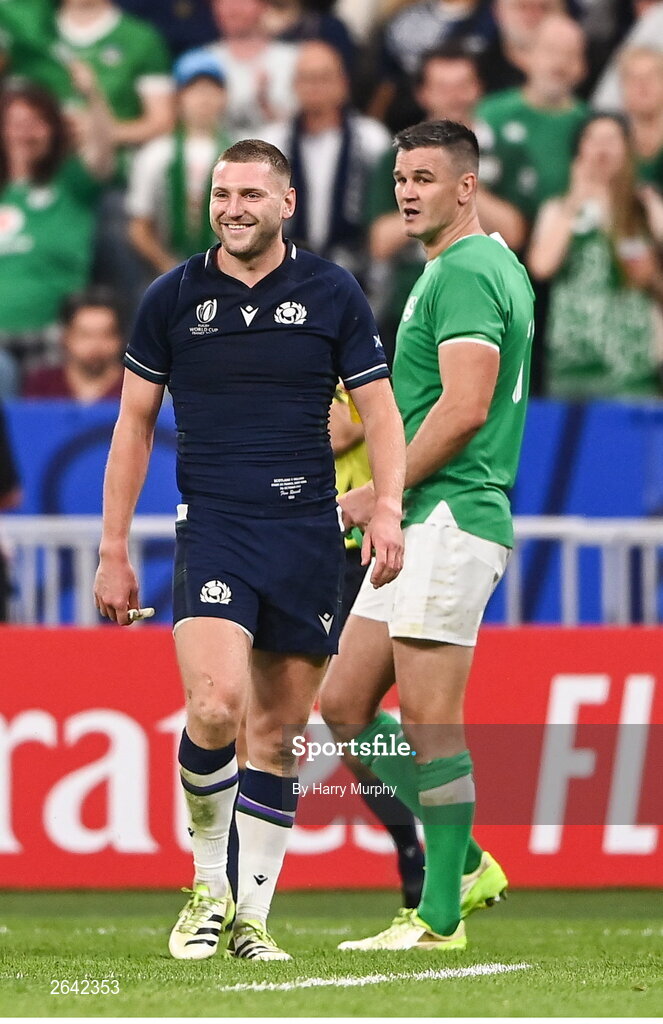 7 October 2023; Finn Russell of Scotland and Jonathan Sexton of Ireland during the 2023 Rugby World Cup Pool B match between Ireland and Scotland at the Stade de France in Paris, France. Photo by Harry Murphy/Sportsfile