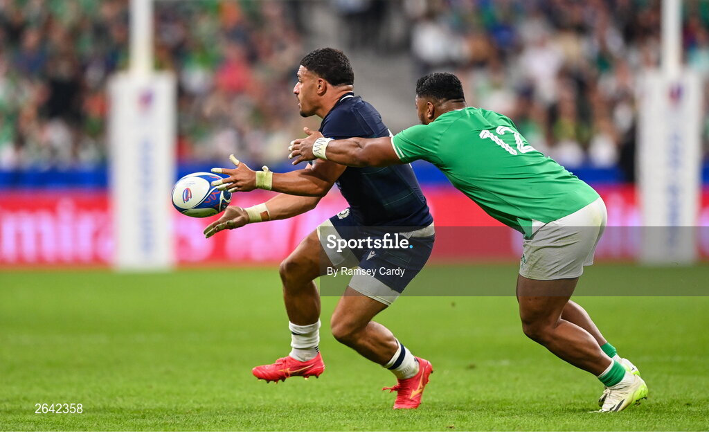 7 October 2023; Sione Tuipulotu of Scotland in action against Bundee Aki during the 2023 Rugby World Cup Pool B match between Ireland and Scotland at the Stade de France in Paris, France. Photo by Ramsey Cardy/Sportsfile
