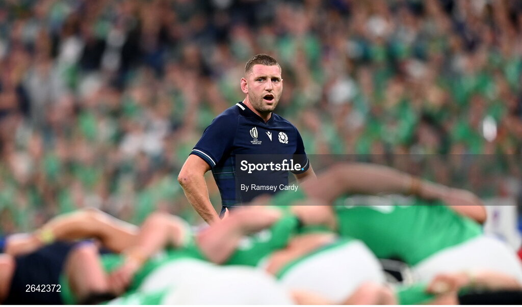 7 October 2023; Finn Russell of Scotland during the 2023 Rugby World Cup Pool B match between Ireland and Scotland at the Stade de France in Paris, France. Photo by Ramsey Cardy/Sportsfile