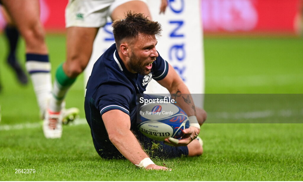 7 October 2023; Ali Price of Scotland after scoring his side's second try during the 2023 Rugby World Cup Pool B match between Ireland and Scotland at the Stade de France in Paris, France. Photo by Ramsey Cardy/Sportsfile