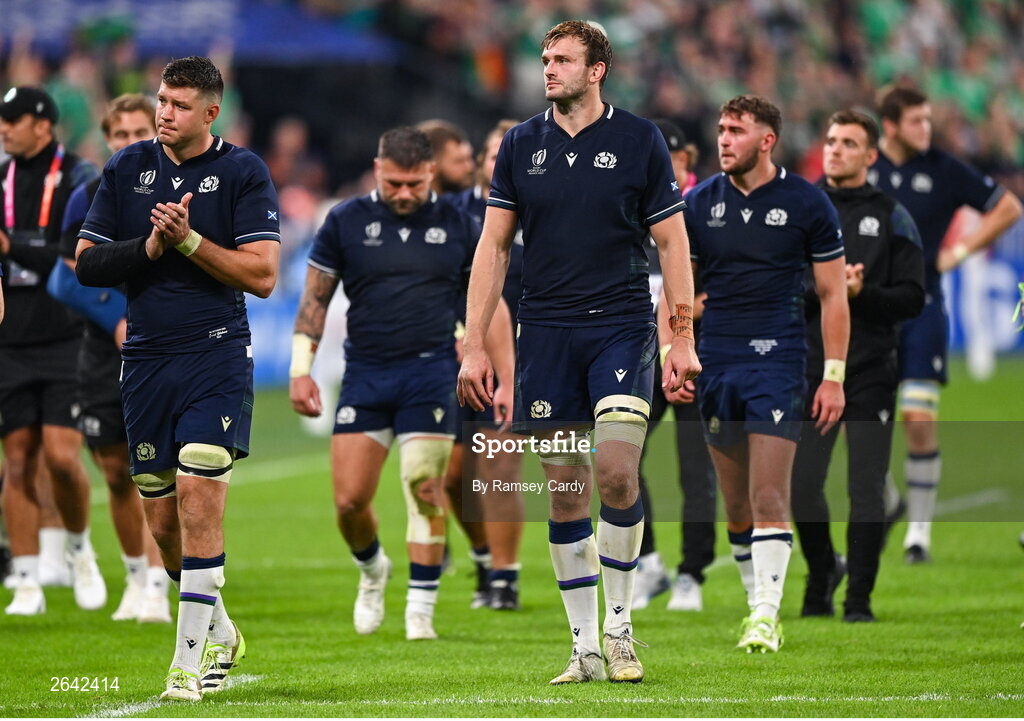 7 October 2023; Scotland players after their side's defeat in the 2023 Rugby World Cup Pool B match between Ireland and Scotland at the Stade de France in Paris, France. Photo by Ramsey Cardy/Sportsfile