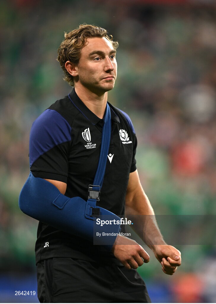 7 October 2023; Injured Scotland captain Jamie Ritchie after the 2023 Rugby World Cup Pool B match between Ireland and Scotland at the Stade de France in Paris, France. Photo by Brendan Moran/Sportsfile
