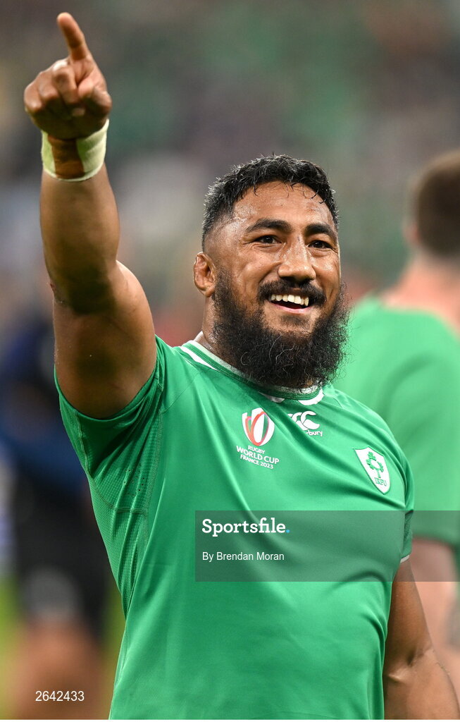 7 October 2023; Bundee Aki of Ireland celebrates after his side's victory in the 2023 Rugby World Cup Pool B match between Ireland and Scotland at the Stade de France in Paris, France. Photo by Brendan Moran/Sportsfile