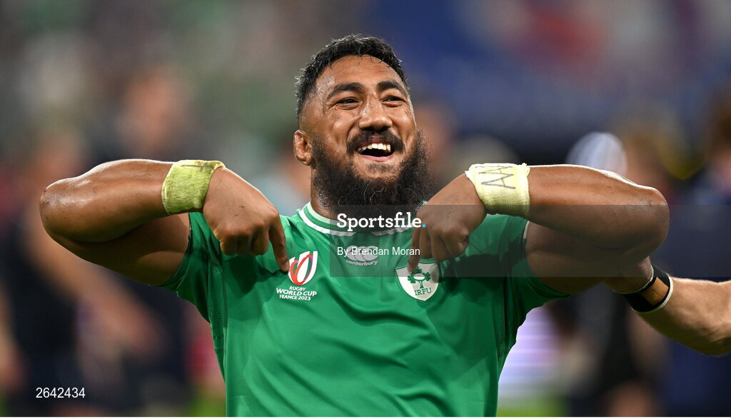 7 October 2023; Bundee Aki of Ireland celebrates after his side's victory in the 2023 Rugby World Cup Pool B match between Ireland and Scotland at the Stade de France in Paris, France. Photo by Brendan Moran/Sportsfile