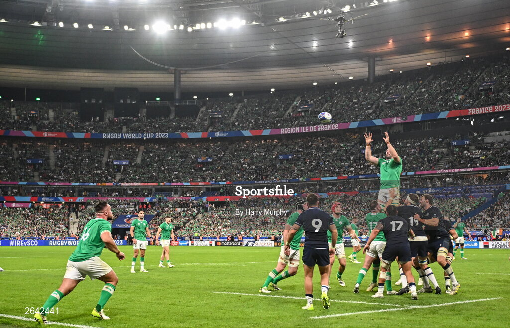 7 October 2023; Jack Conan of Ireland takes possession in a lineout during the 2023 Rugby World Cup Pool B match between Ireland and Scotland at the Stade de France in Paris, France. Photo by Harry Murphy/Sportsfile