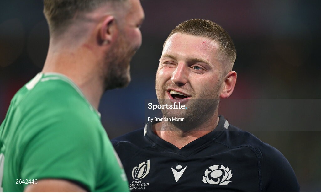 7 October 2023; Finn Russell of Scotland and Peter O’Mahony of Ireland after the 2023 Rugby World Cup Pool B match between Ireland and Scotland at the Stade de France in Paris, France. Photo by Brendan Moran/Sportsfile