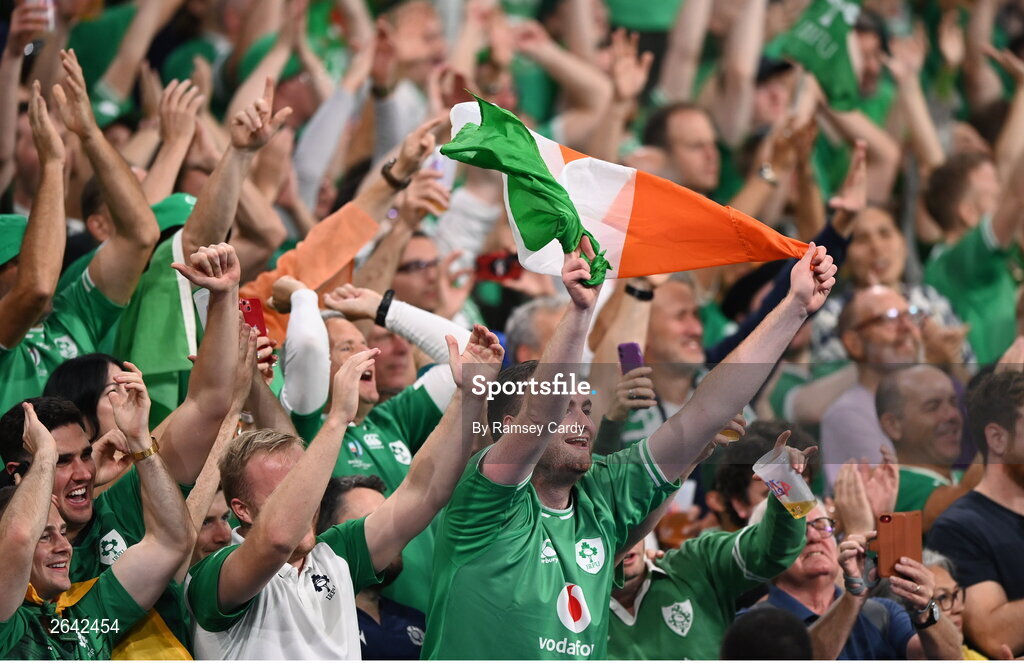 7 October 2023; Ireland supporters after the 2023 Rugby World Cup Pool B match between Ireland and Scotland at the Stade de France in Paris, France. Photo by Ramsey Cardy/Sportsfile