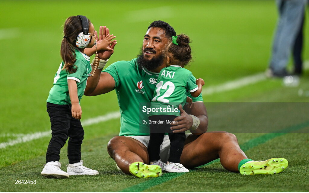7 October 2023; Bundee Aki of Ireland celebrates with his children Ailbhe Ali'itasi Aki and Andronikas after the 2023 Rugby World Cup Pool B match between Ireland and Scotland at the Stade de France in Paris, France. Photo by Brendan Moran/Sportsfile